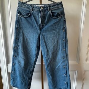 Zara Trafeluc Jeans Size 8 Side Snaps Wide Leg Cropped Colotte Womens Spring